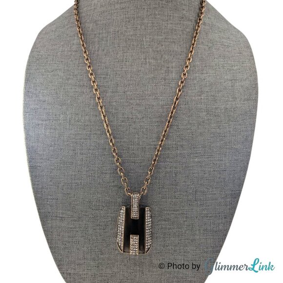 Ann Taylor Bronze Tone Geometric Pave Rhinestone Crystal Pendant Necklace - Picture 3 of 10